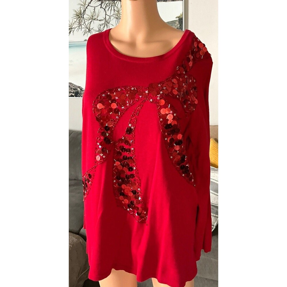 Quaker Factory Christmas Red Embellished big bow sequined beaded Sweater sz L